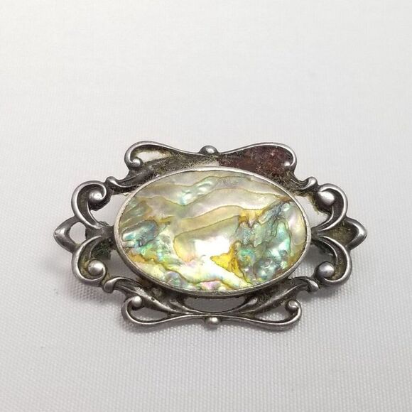 Antique Sterling Silver Mother of Pearl Victorian Oval Brooch Scroll Design - Picture 8 of 8
